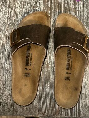 Birkenstock Madrid Single Strap Slide in Dark Brown with Gold Buckle